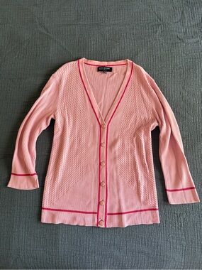 Jones New York Light Pink V-Neck Button Front Cardigan with Dark Pink Trim